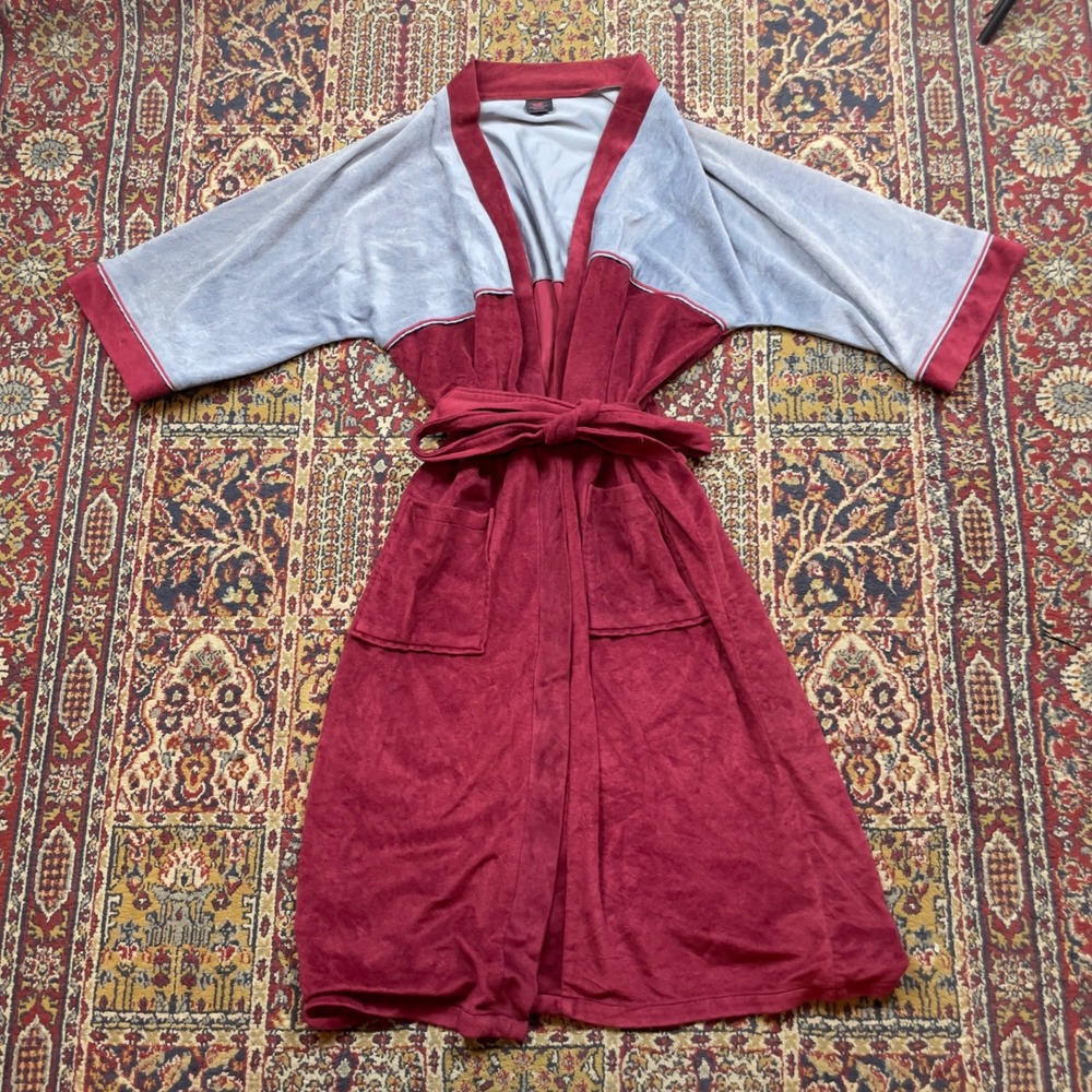 VTG 70s Royal Plush Robe Burgundy Sky Blue Velour Velvet Moleskin Striped USA